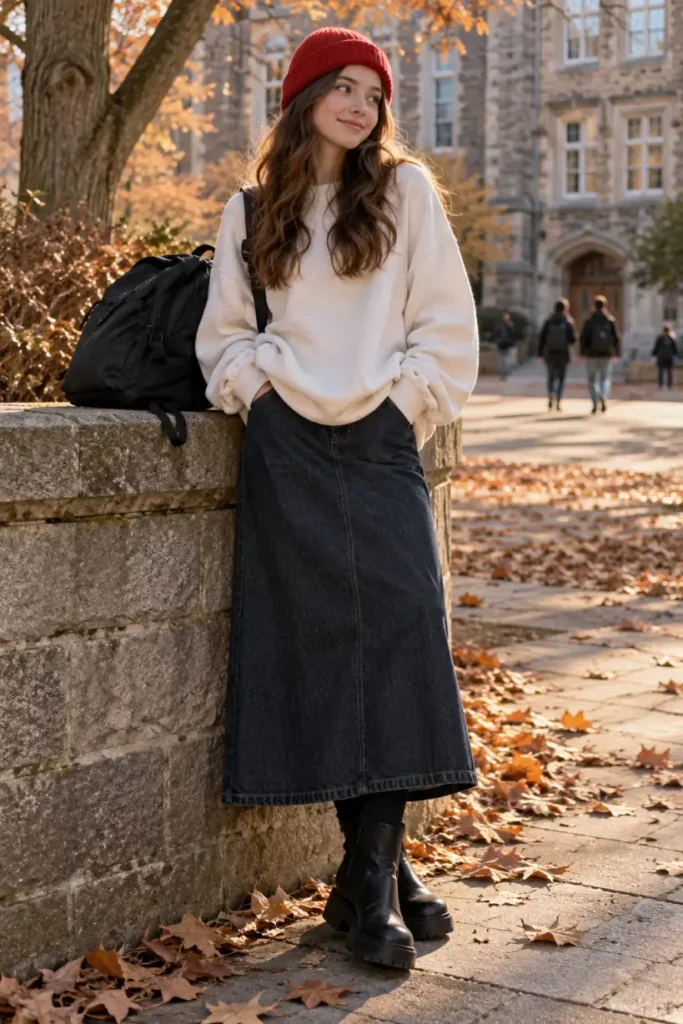 Teen school girl wearing a cream oversized sweatshirt with a dark denim maxi skirt, black ribbed tights, chunky black boots, and a bright red knit beanie.