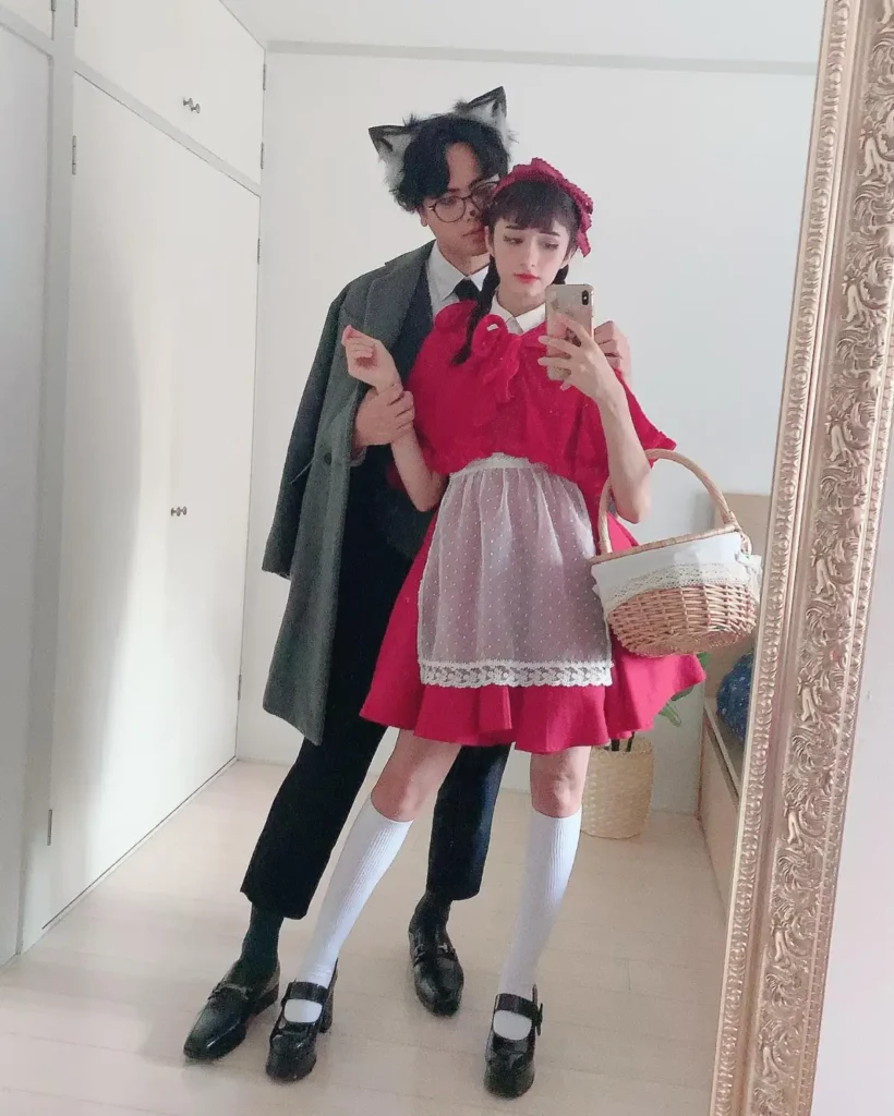 Red Riding Hood and wolf couple Halloween costume with red dress, wicker basket and wolf ears