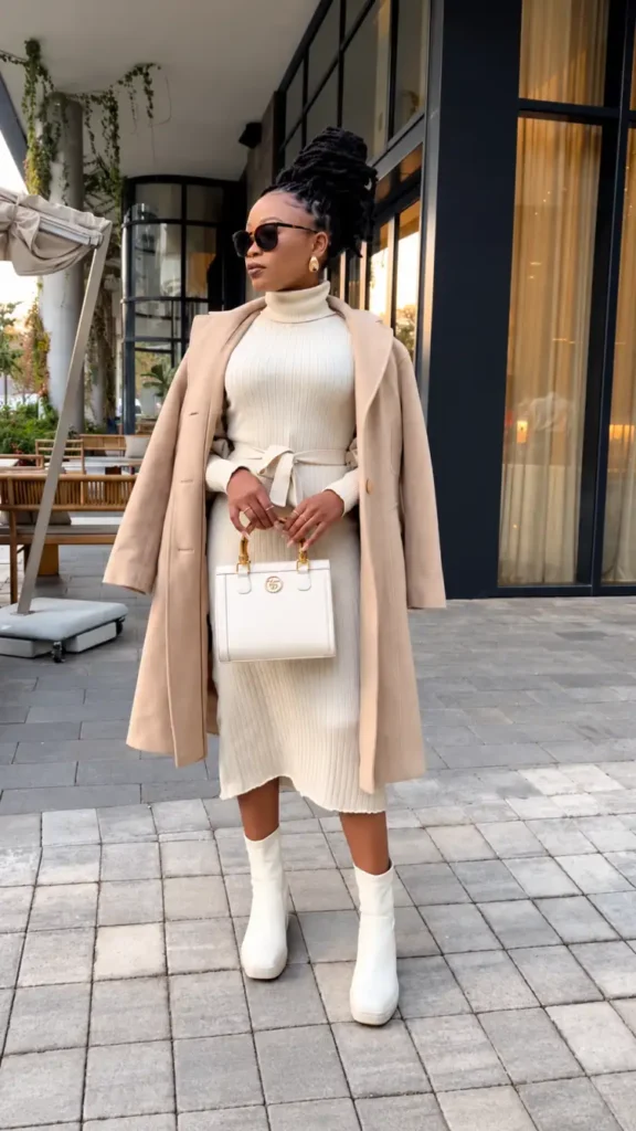 Stylish Black woman wearing an ivory ribbed turtleneck sweater dress with a waist tie, long beige coat, white ankle boots, and a structured white handbag.