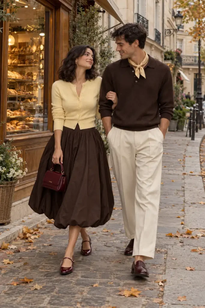 Stylish couple wearing a butter-yellow cardigan, chocolate brown balloon midi skirt, burgundy Mary Jane flats, cream trousers, and matching yellow scarf for Thanksgiving.