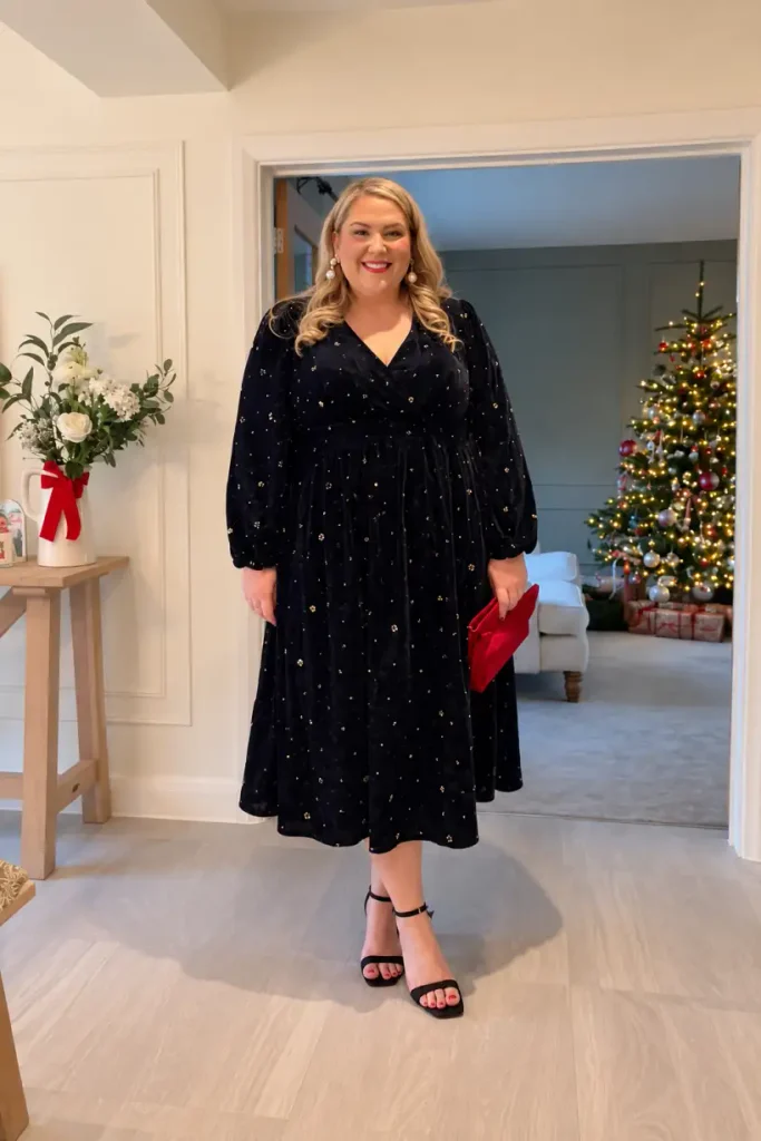 Plus-size woman wearing a black velvet wrap-style midi dress with delicate gold embellishments, long sleeves, a red clutch, and black strappy heels for an elegant Christmas party.