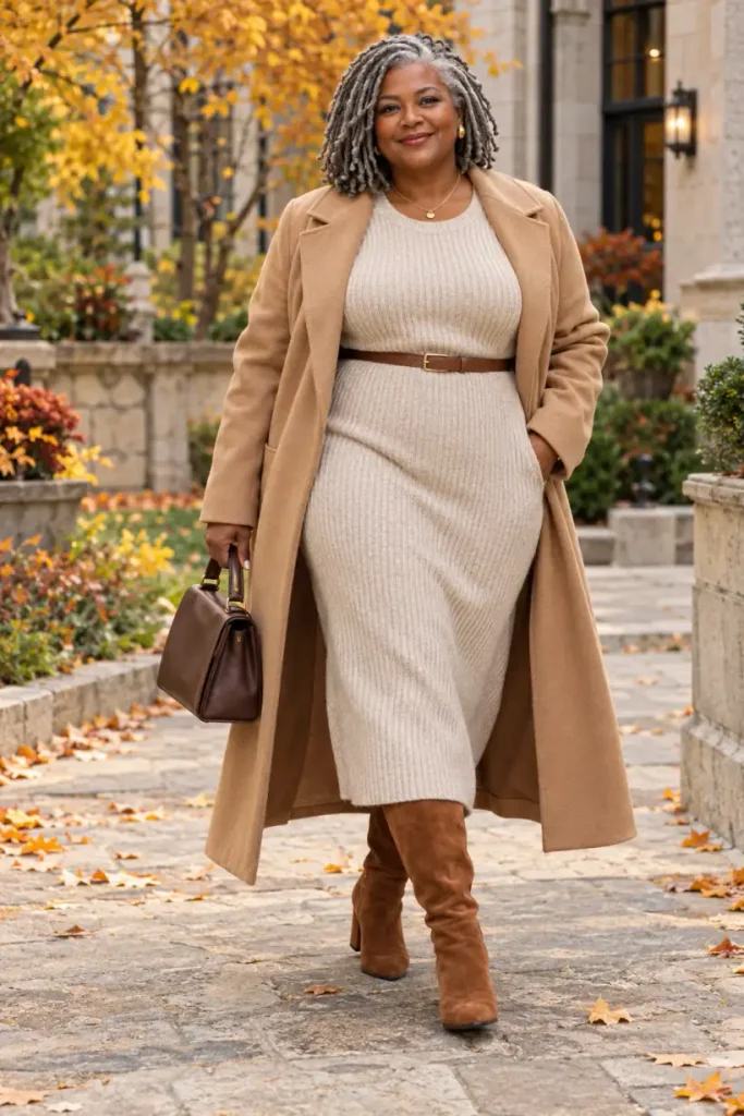 Plus-size Black woman over 50 wearing an oatmeal ribbed sweater midi dress with a long camel coat, cognac suede knee-high boots, and a brown handbag for a cozy fall look.