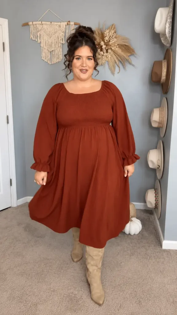 Plus-size woman wearing a rust orange smocked midi dress with a square neckline, long puff sleeves, and beige knee-high boots for a beautiful fall Friendsgiving look.