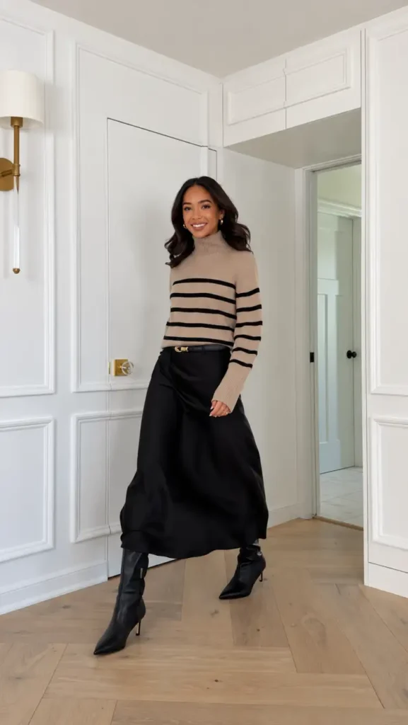 Woman wearing a beige and black striped turtleneck sweater tucked into a black satin midi skirt, finished with a slim belt and black heeled knee-high boots for Thanksgiving dinner.