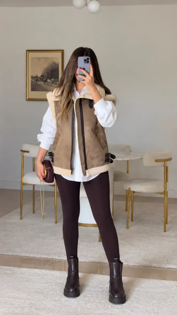 Woman styling a taupe suede shearling vest over an oversized white button-down shirt, paired with burgundy leggings, chunky brown ankle boots, and a burgundy mini handbag.