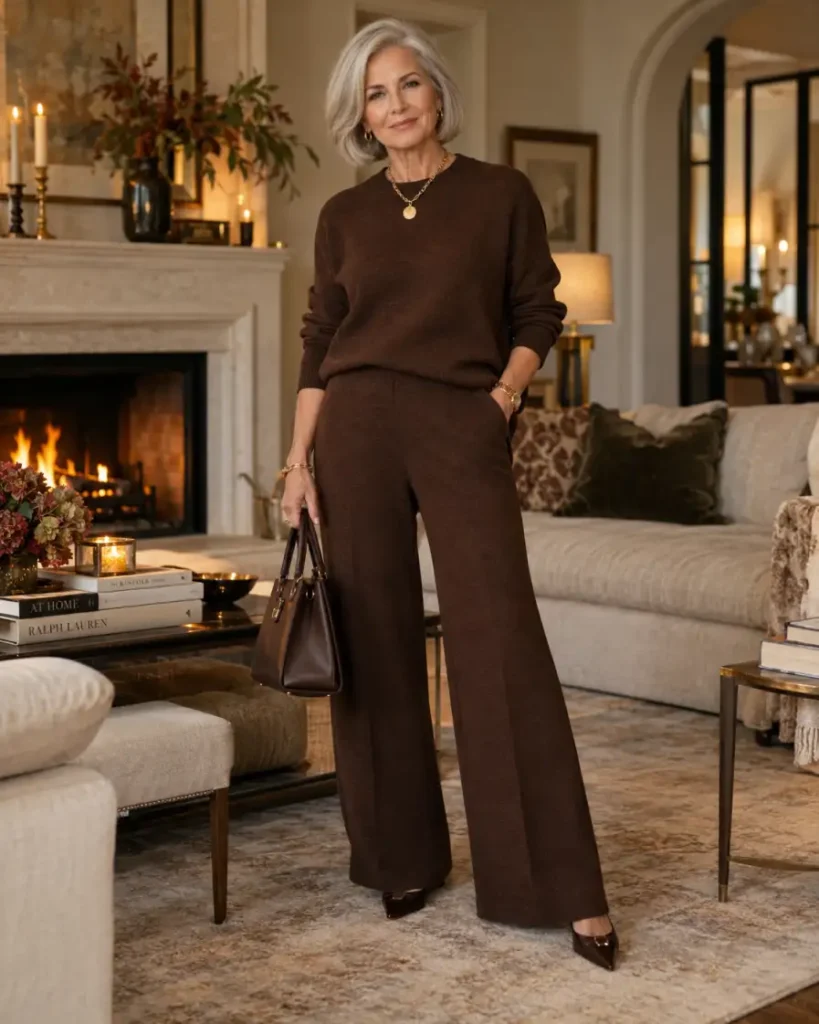 Elegant silver-haired woman over 50 wearing a chocolate brown knit sweater with matching wide-leg trousers, pointed flats, and gold jewelry for a sophisticated Thanksgiving outfit.