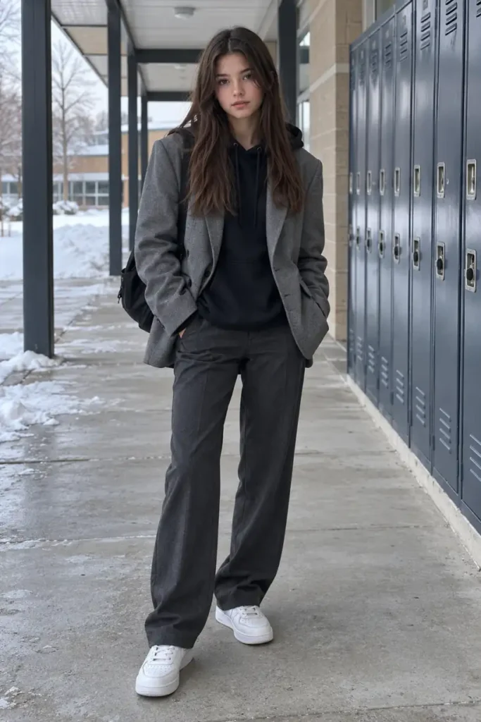 Teen school girl wearing an oversized gray blazer layered over a black hoodie, straight charcoal trousers, and white leather sneakers for a casual winter school outfit.
