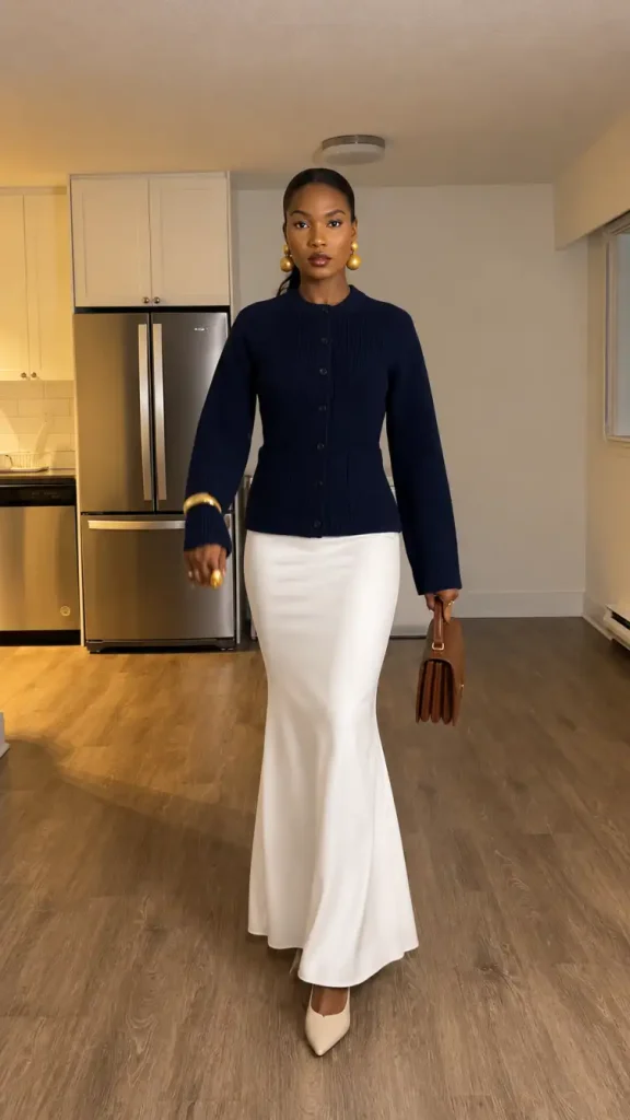 Black woman wearing a fitted navy blue button-front cardigan with a flowing ivory maxi skirt, cream pointed heels, and statement gold earrings.