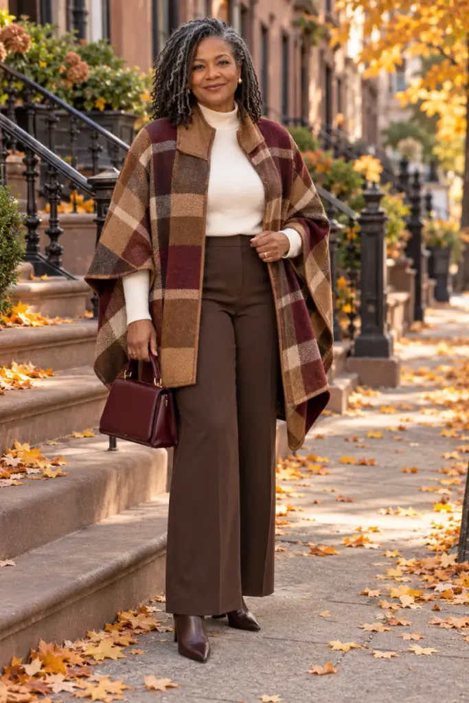 Mature Black woman wearing a burgundy-and-caramel plaid cape over an ivory knit top with espresso wide-leg trousers, pointed ankle boots, and a structured handbag for an elegant autumn outfit.
