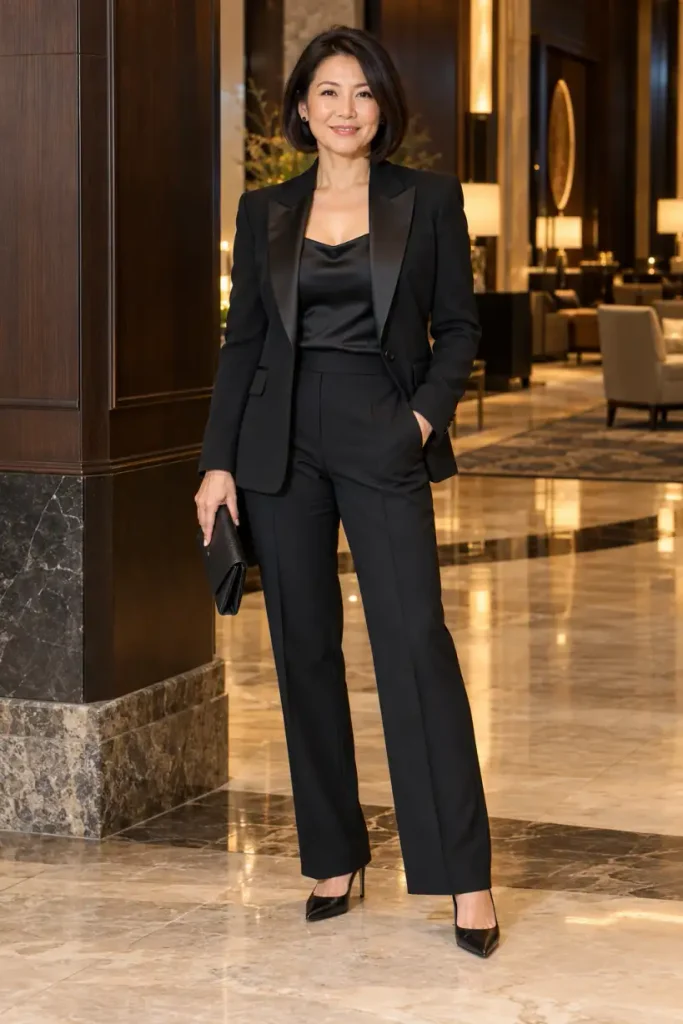 Elegant East Asian woman wearing a tailored black tuxedo suit with satin lapels, straight-leg trousers, a black camisole, pointed heels, and an envelope clutch for a sophisticated New Year's Eve party.
