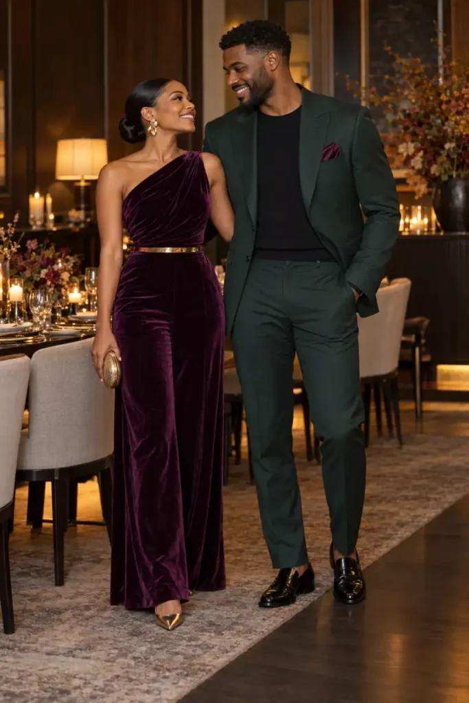 Elegant couple wearing Thanksgiving party outfits with a deep plum velvet wide-leg jumpsuit, gold heels, midnight-green tailored suit, and matching plum pocket square.