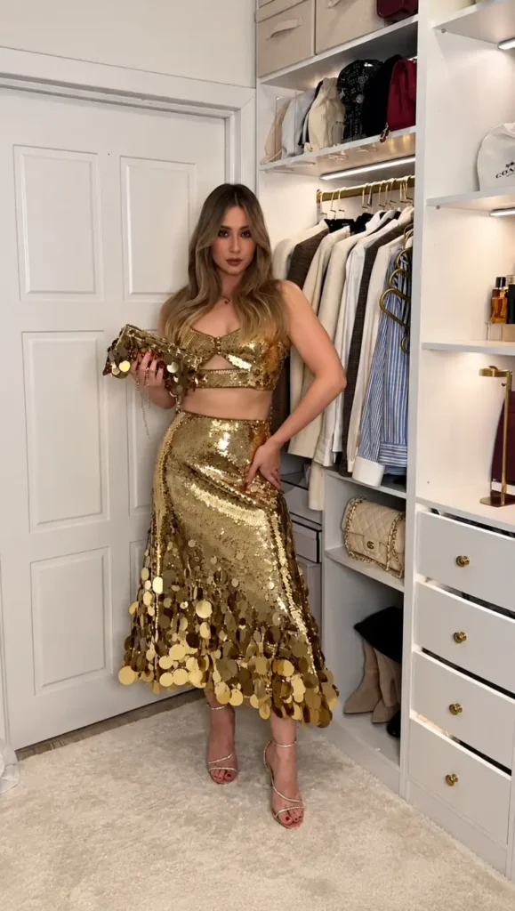 Woman wearing a matching gold sequin crop top and maxi skirt with oversized metallic disc embellishments, gold sandals, and a sparkling clutch.