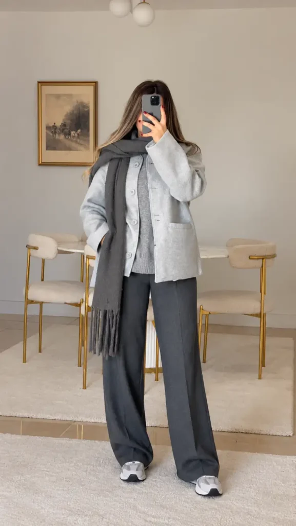 Woman wearing a light-gray wool jacket over a gray knit sweater, charcoal wide-leg trousers, a long fringed scarf, and chunky gray sneakers for a cozy monochrome winter outfit.