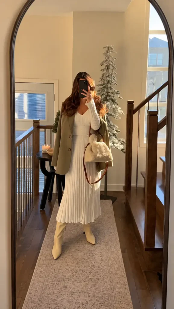 Pregnant woman wearing an ivory pleated midi dress with an olive green blazer, cream knee-high boots, and a fluffy handbag for an elegant fall maternity outfit.