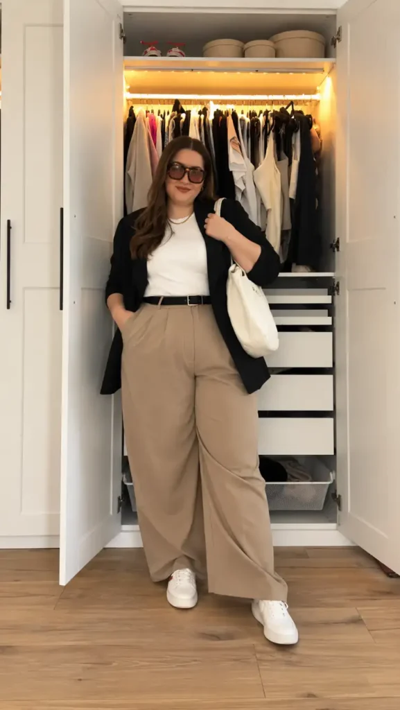 Plus size woman wearing a black blazer over a white top with beige pleated wide-leg trousers, white sneakers, a black belt, and a cream shoulder bag.