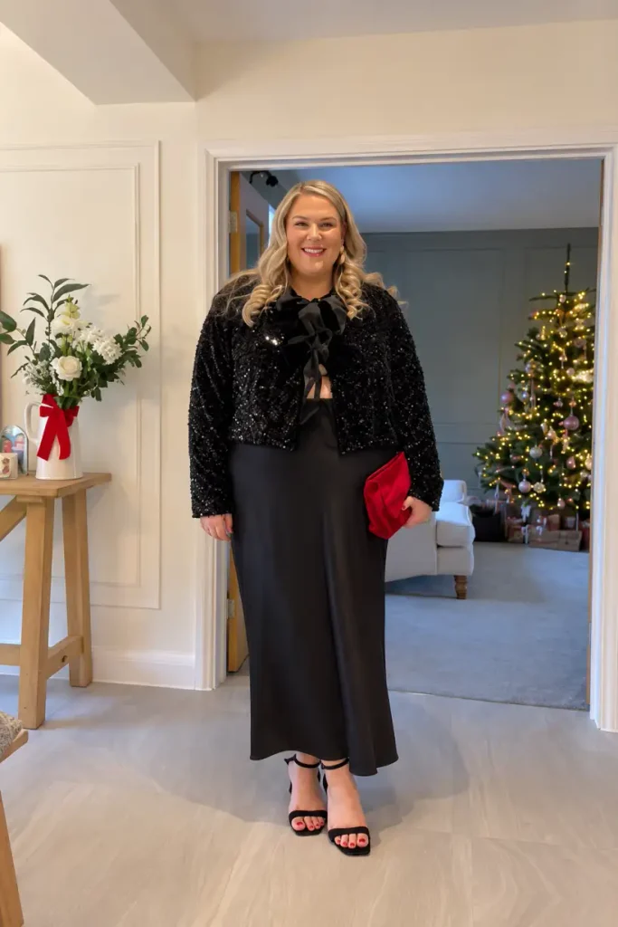 Plus-size woman styling a cropped black sequin jacket with oversized front bows, a long black skirt, black heels, and a red clutch for a classy holiday party outfit.