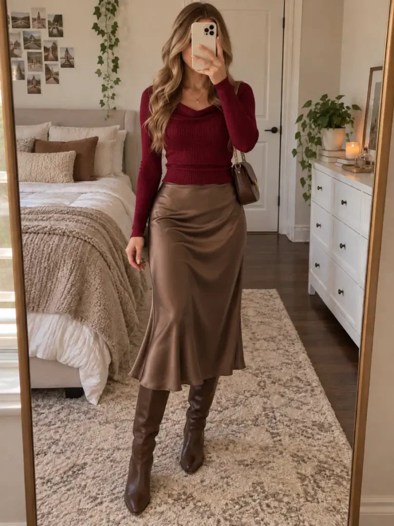 Woman wearing a fitted burgundy ribbed cowl neck top with a brown satin midi skirt, tall brown leather boots, and a brown chain strap bag for an evening Thanksgiving outfit.