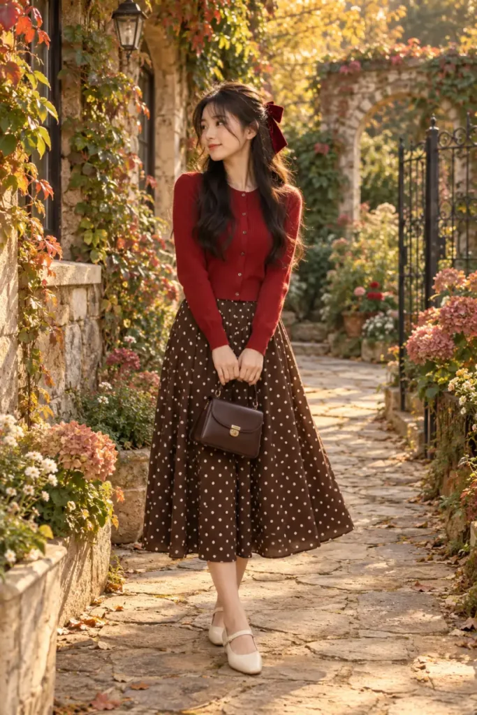 Asian teen girl wearing a chocolate brown polka dot midi skirt, fitted cherry red cardigan, cream Mary Jane flats, and a velvet hair bow for a romantic Thanksgiving outfit.