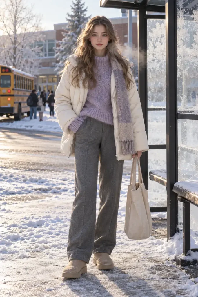 Teen school girl wearing a lavender fuzzy knit sweater under a cream quilted puffer coat with gray wide-leg trousers, a soft scarf, and beige winter boots at a snowy school bus stop.