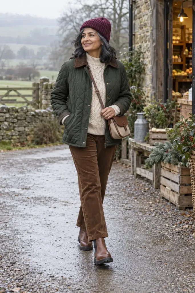 Mature woman wearing a forest-green quilted barn jacket, oatmeal cable-knit sweater, brown corduroy trousers, and chestnut Chelsea boots for a casual countryside winter outfit.