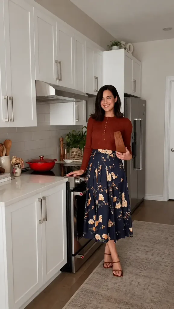 Rust knit top styled with a navy floral midi skirt, brown strappy heels, and a warm brown clutch for fall.
