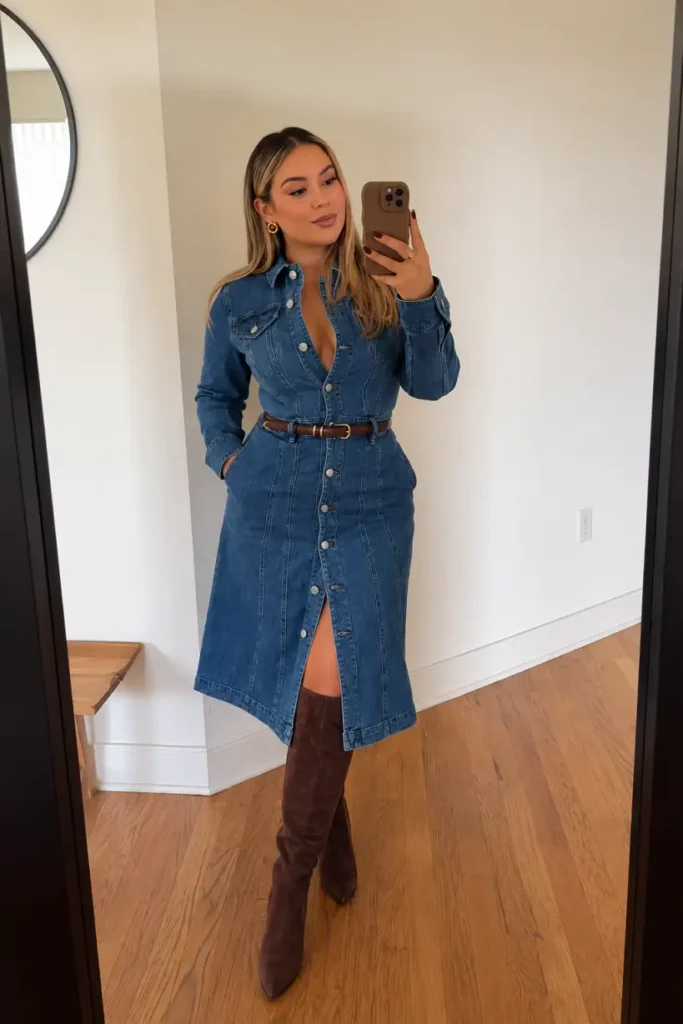 Woman wearing a blue button-front denim midi dress with a brown leather belt and chocolate suede knee-high boots for a stylish casual Thanksgiving look.