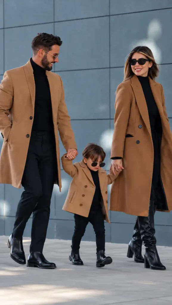Mom, Dad, and their young son wearing matching camel coats over black turtlenecks and trousers, styled with black boots and sunglasses for a coordinated fall family look.