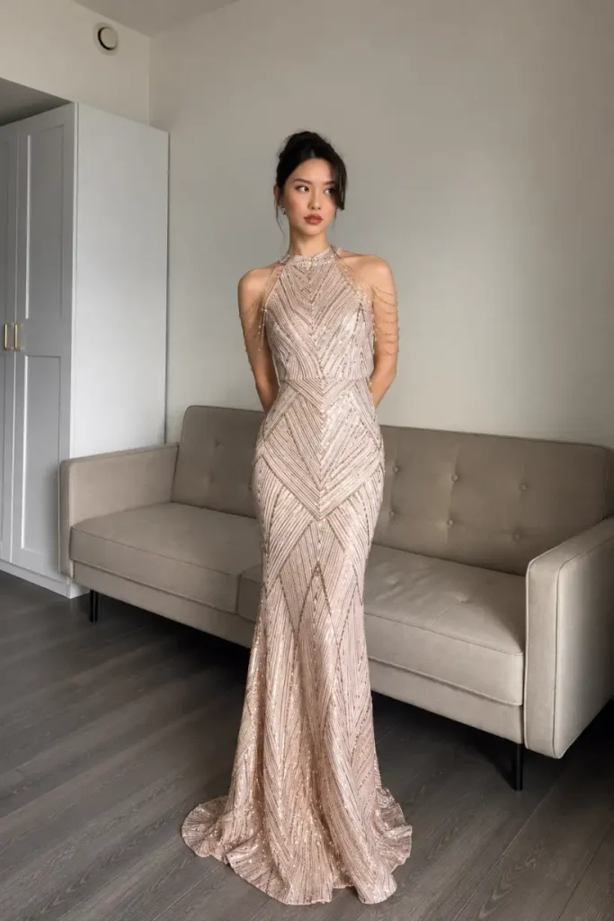 Woman wearing a champagne beaded halter maxi gown featuring geometric embellishments, delicate draped shoulder chains, and a flared hem for a glamorous New Years Eve celebration.