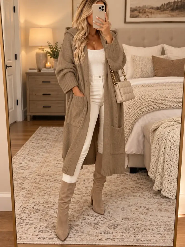 Woman wearing a long mocha hooded cardigan with a cream tank, cream skinny jeans, taupe suede knee boots, and a quilted cream chain bag.