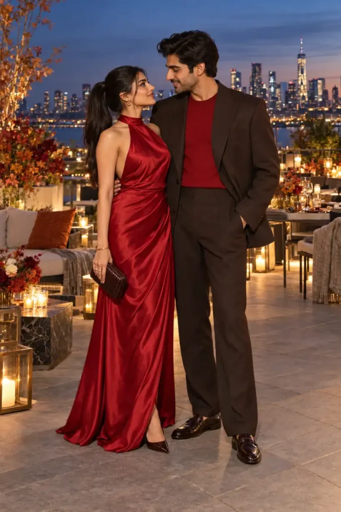 Couple wearing dressy Thanksgiving party outfits with a cherry-red satin halter maxi dress, chocolate heels, dark espresso suit, and matching red knit shirt.