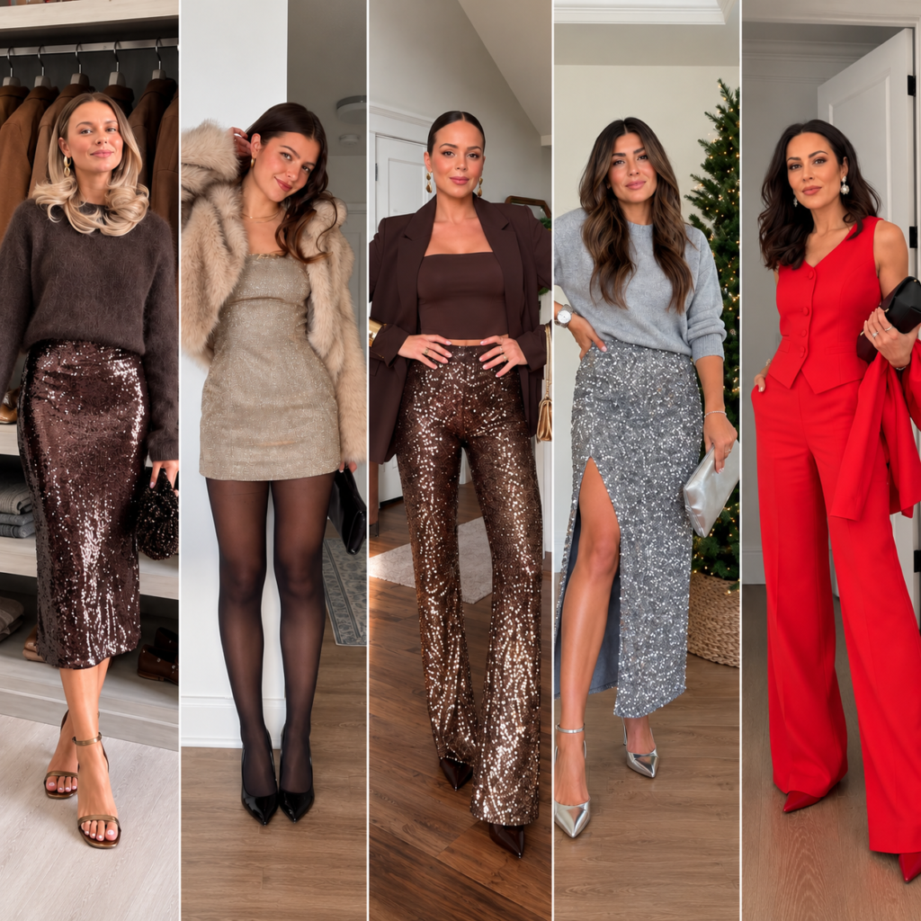 Collage of five classy New Years Eve Dinner Outfits for women, featuring a chocolate sequin skirt with a cozy sweater, champagne glitter mini dress with faux fur jacket, brown sequin trousers with a blazer, silver sequin maxi skirt, and elegant red tailored suit.