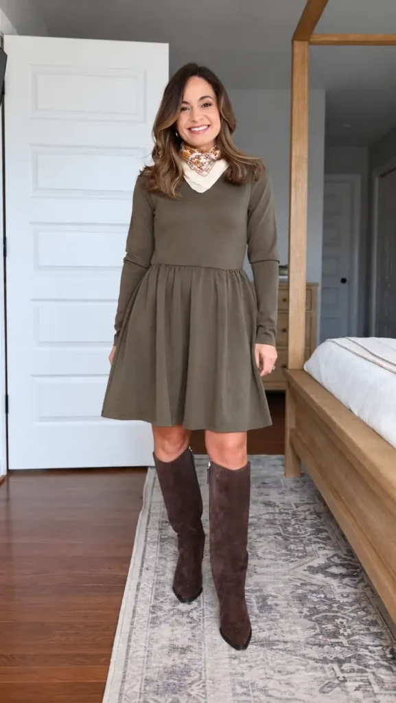 Petite woman wearing an olive green long-sleeve mini dress with a printed neck scarf and brown suede knee-high boots for a feminine fall look.