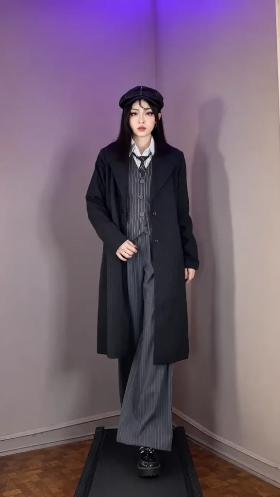Woman wearing a dark pinstripe long coat, matching vest and wide-leg trousers, white shirt, tie, newsboy cap, and chunky black shoes.