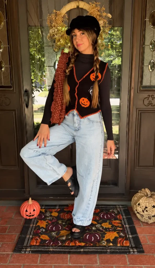 Woman wearing a black pumpkin-print sweater vest over a fitted black top with light-wash jeans, black cap, braids, and platform sandals.