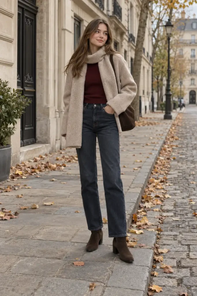 White teen girl wearing a beige wool scarf jacket, dark straight-leg jeans, burgundy knit top, and chocolate suede boots for a stylish Scandinavian-inspired Thanksgiving outfit.