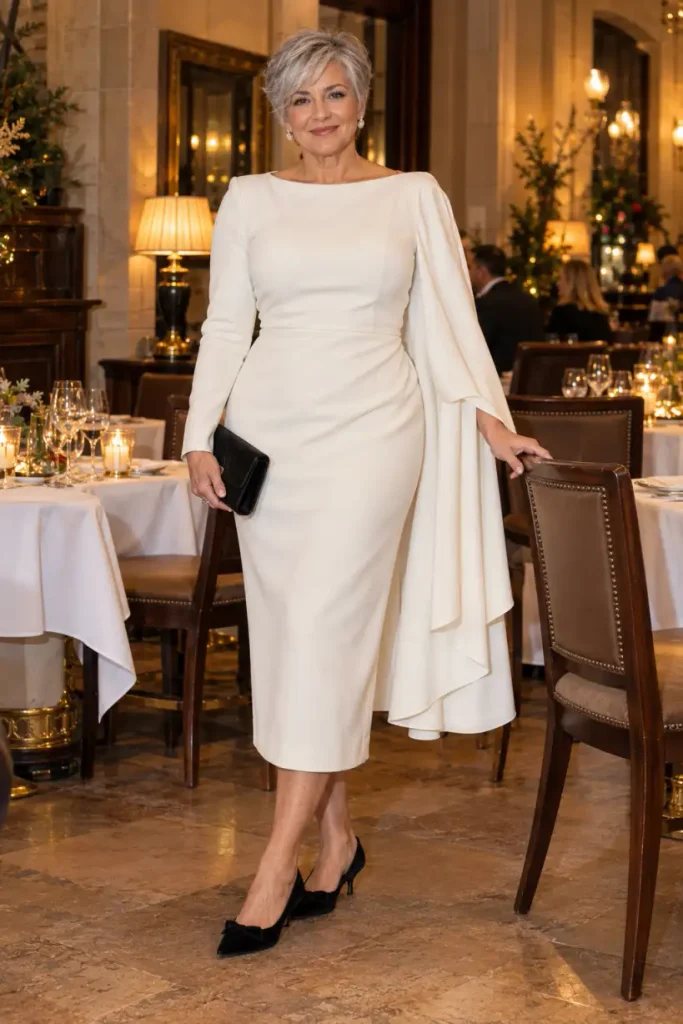 Elegant older woman wearing a winter white tailored midi dress with a draped cape shoulder, boat neckline, black velvet kitten heels, and a black clutch for a sophisticated New Years Eve dinner.