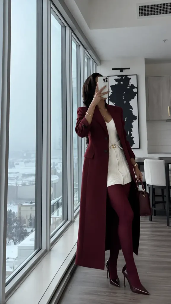 Black woman wearing a long burgundy coat over a fitted white ribbed mini dress, styled with burgundy tights, pointed heels, a cream waist belt, and a matching handbag.