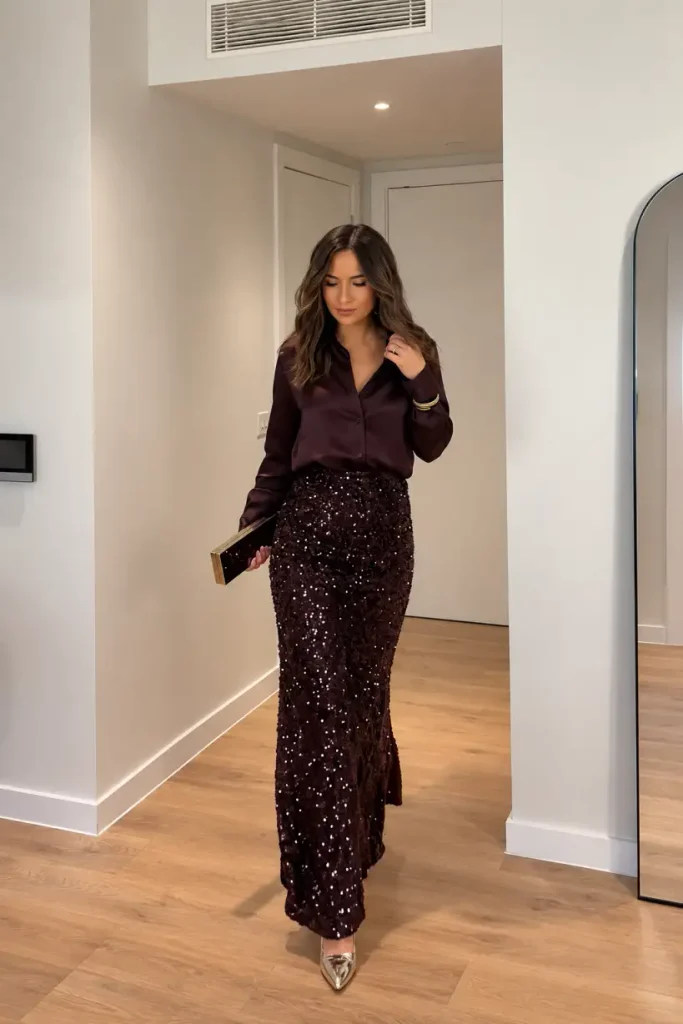 Woman wearing a deep burgundy satin button-down blouse with a matching sequin maxi skirt, metallic gold pointed heels, and a dark clutch for a classy New Years Eve house party.