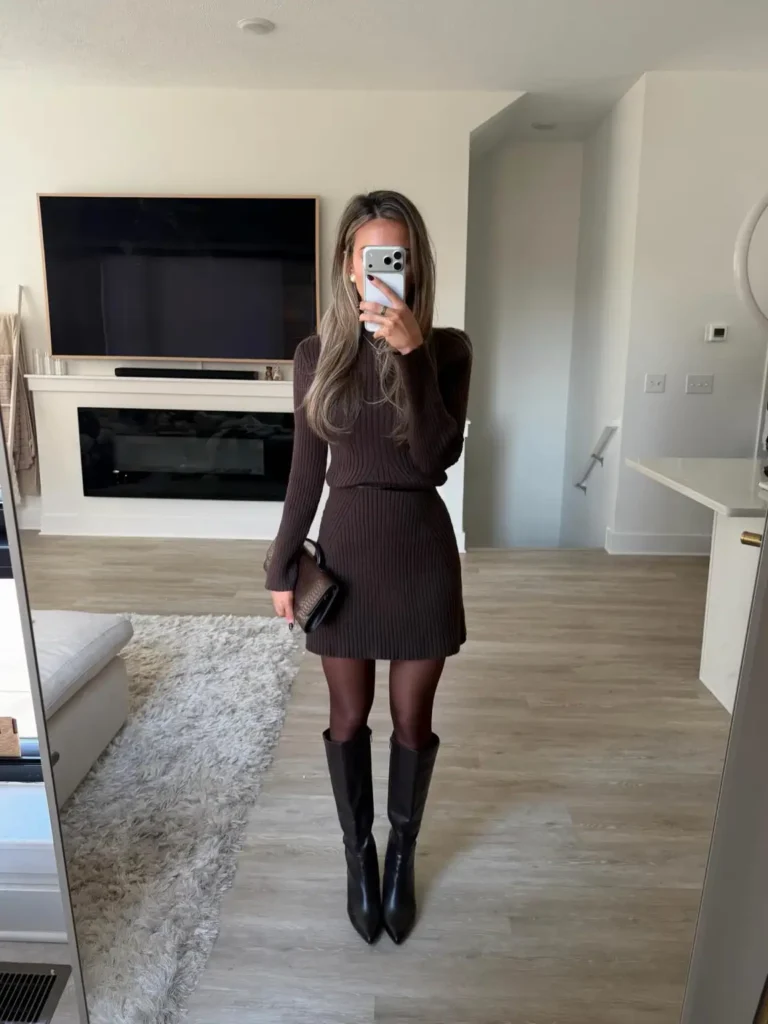 Woman wearing a chocolate brown ribbed sweater and matching mini skirt with sheer brown tights, tall black boots, and a dark clutch for a cozy Thanksgiving dinner outfit.