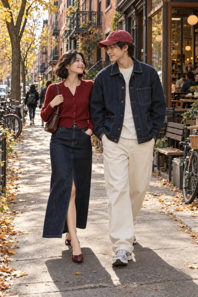 Trendy couple wearing casual Thanksgiving outfits with a cherry-red cardigan, dark denim maxi skirt, indigo denim chore jacket, cream trousers, and retro sneakers.