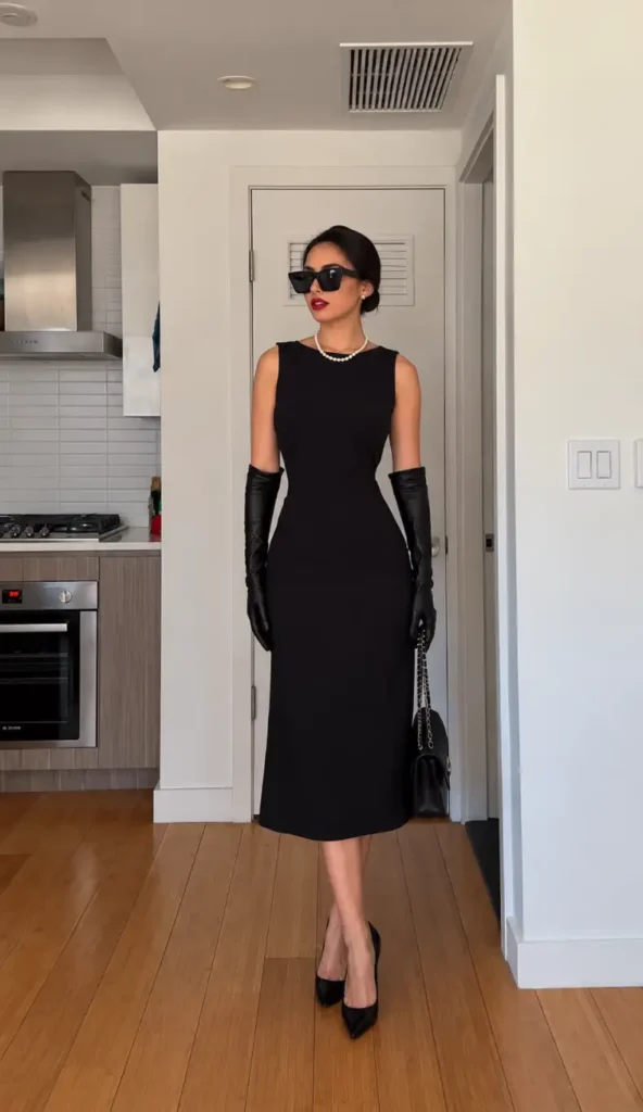 Woman wearing a fitted black midi dress with long black gloves, pearl necklace, oversized sunglasses, pointed heels, and elegant updo.