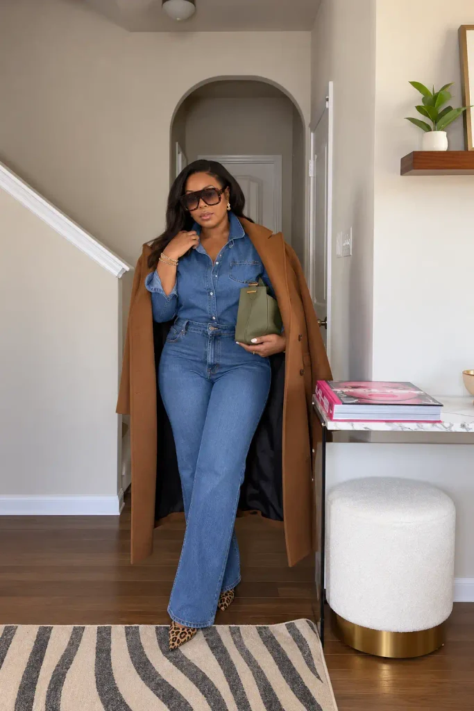 Curvy Black woman wearing a blue denim button-down shirt with matching high-waisted jeans, a long camel coat, leopard-print pointed heels, and an olive handbag for fall.