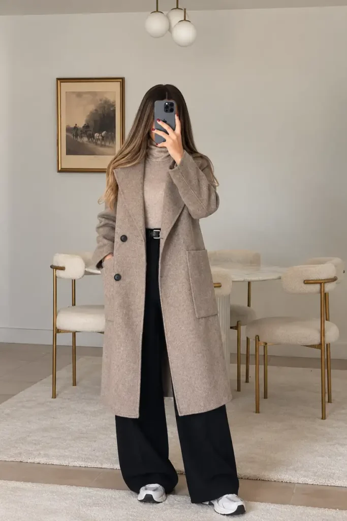 Woman wearing a long taupe wool coat over an oatmeal turtleneck sweater, black wide-leg trousers, a black waist belt, and chunky white sneakers for a minimalist winter outfit.