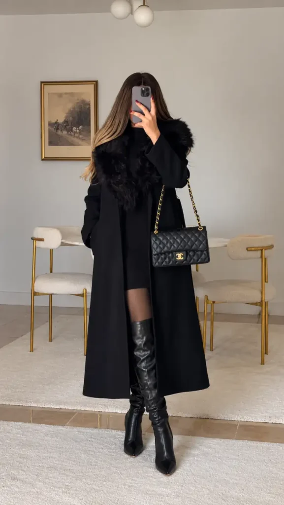 Woman wearing a long black coat with a dramatic faux-fur collar over a black ribbed mini dress, sheer tights, tall leather boots, and a quilted chain-strap handbag for a dressy winter outfit.