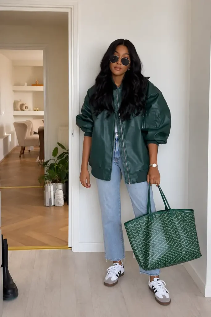 Black woman wearing an oversized forest green leather-look bomber jacket with light-wash jeans, white sneakers, and a large matching green patterned tote bag.