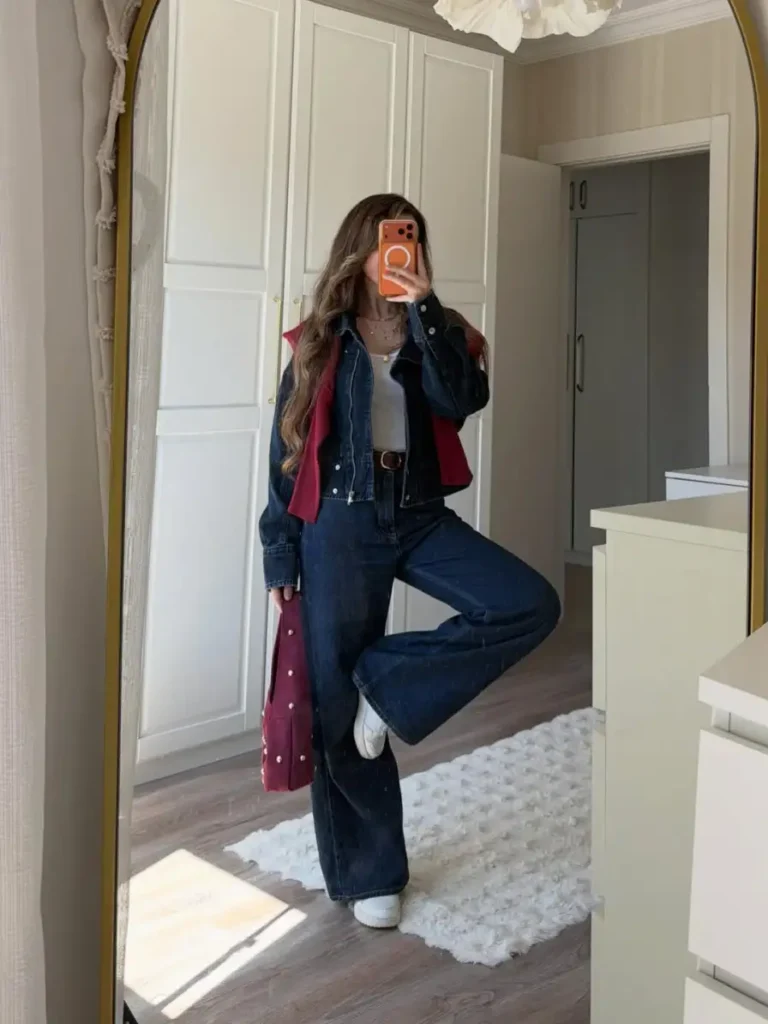 Woman wearing a dark denim jacket with wide-leg jeans, a white fitted top, burgundy layering piece, matching bag, and white sneakers for a casual fall outfit.
