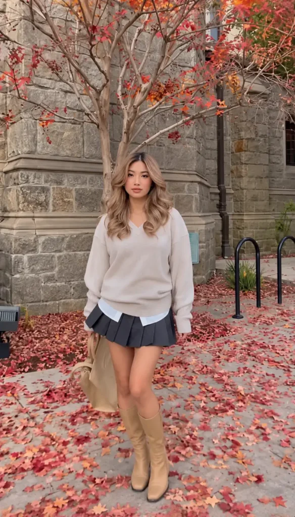 Petite woman wearing a cream oversized sweater layered over a white shirt with a charcoal pleated mini skirt and tan knee-high boots.