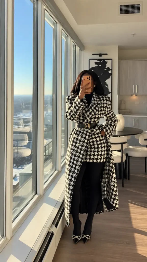 Stylish Black woman wearing a black-and-white houndstooth long coat with a wide black belt, black turtleneck, fitted black trousers, and pointed heels with sparkling bow details for a classy winter outfit.