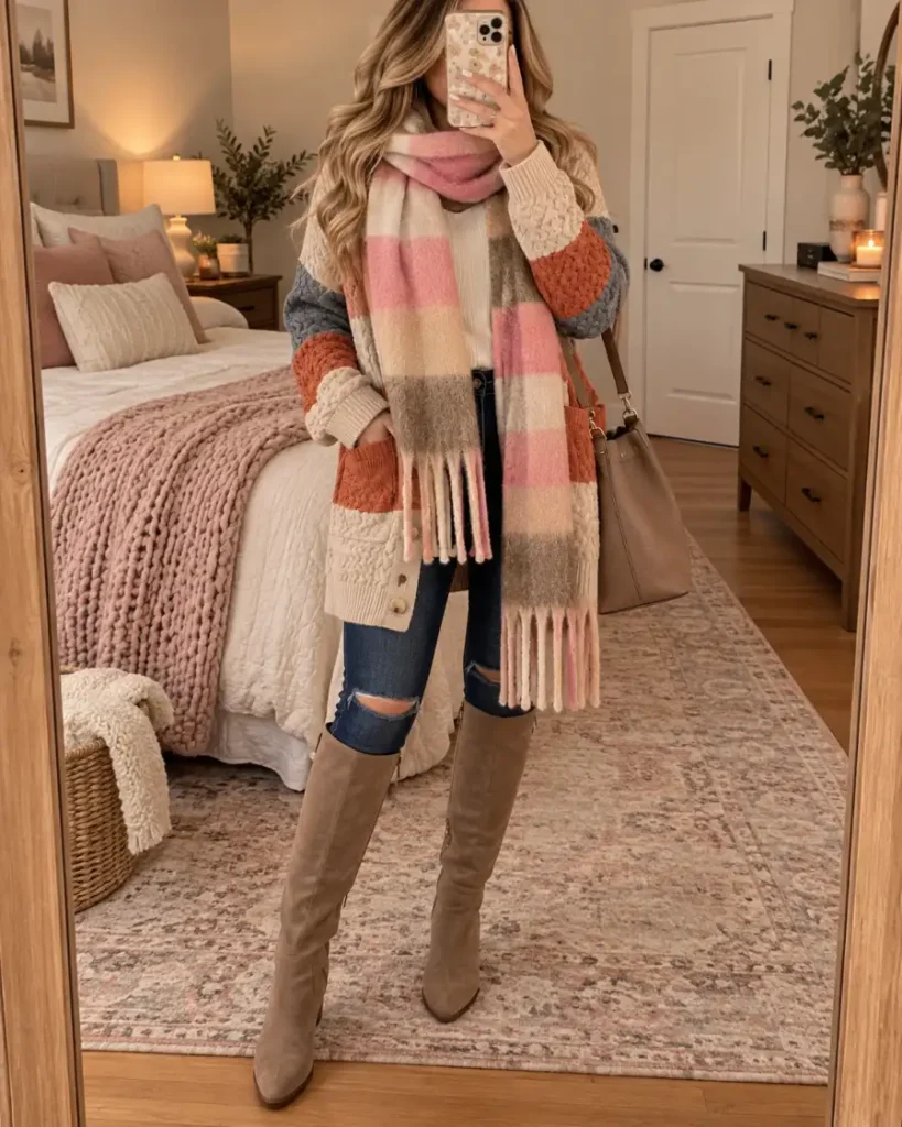 Woman wearing a color-block cardigan in cream, rust, and slate blue with a pink plaid fringe scarf, ripped skinny jeans, taupe suede knee boots, and a tan bucket bag.