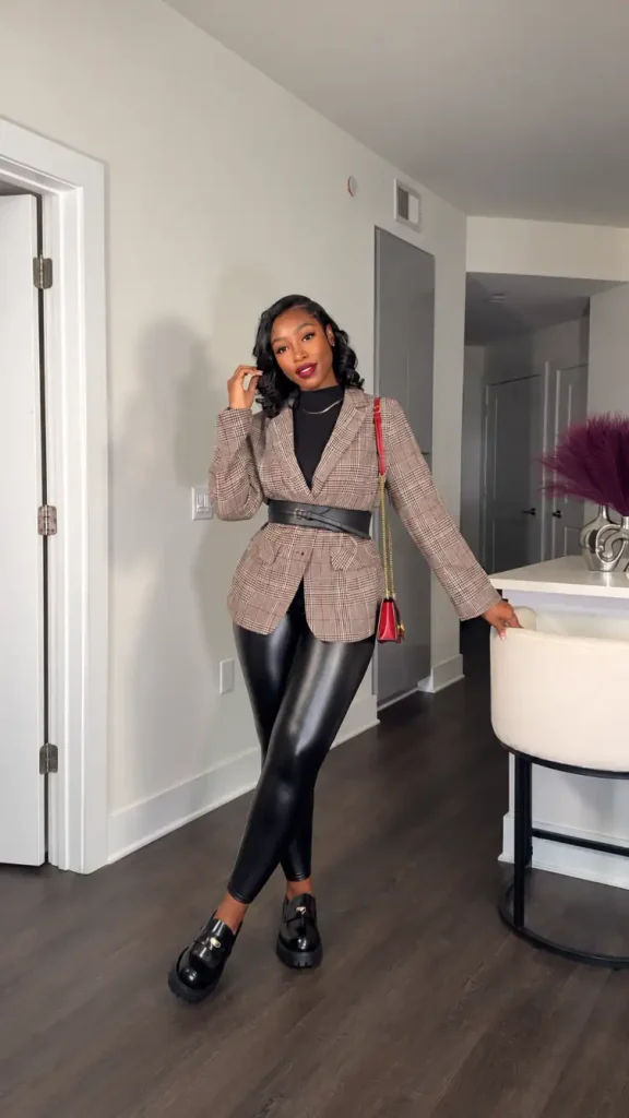 Black woman styling a belted plaid blazer over a black high-neck top with leather-look leggings, chunky black loafers, and a red handbag for modern office fashion.